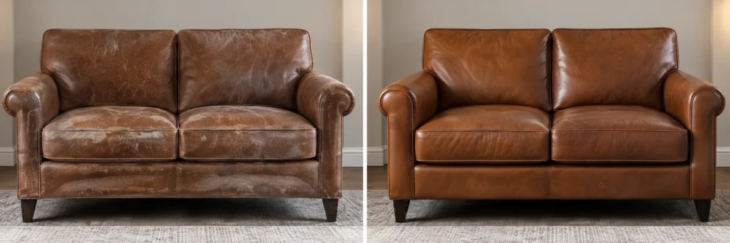 Cognac leather loveseat shown worn and then restored
