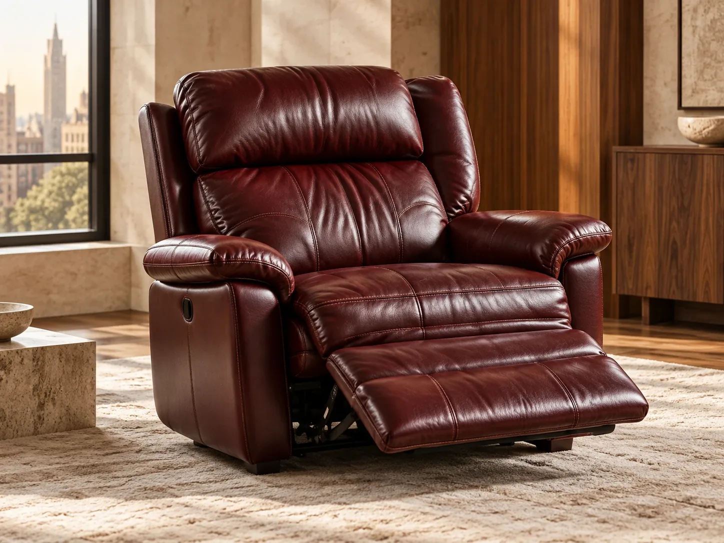 Burgundy leather recliner with the footrest raised