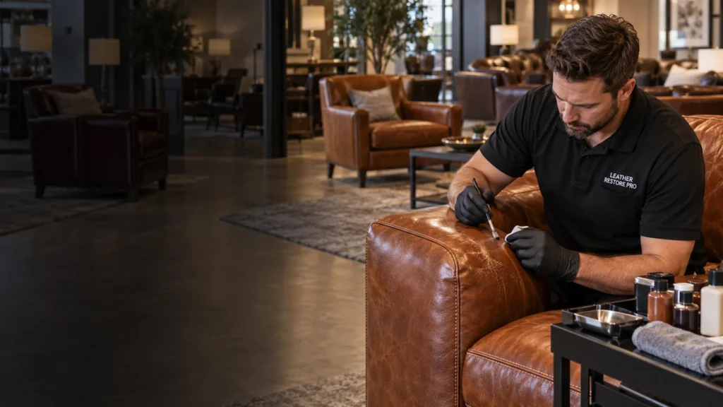 Leather repair in a store showroom