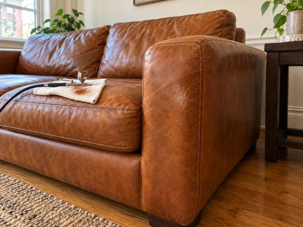 Leather color mixed and tested on a card beside the sofa