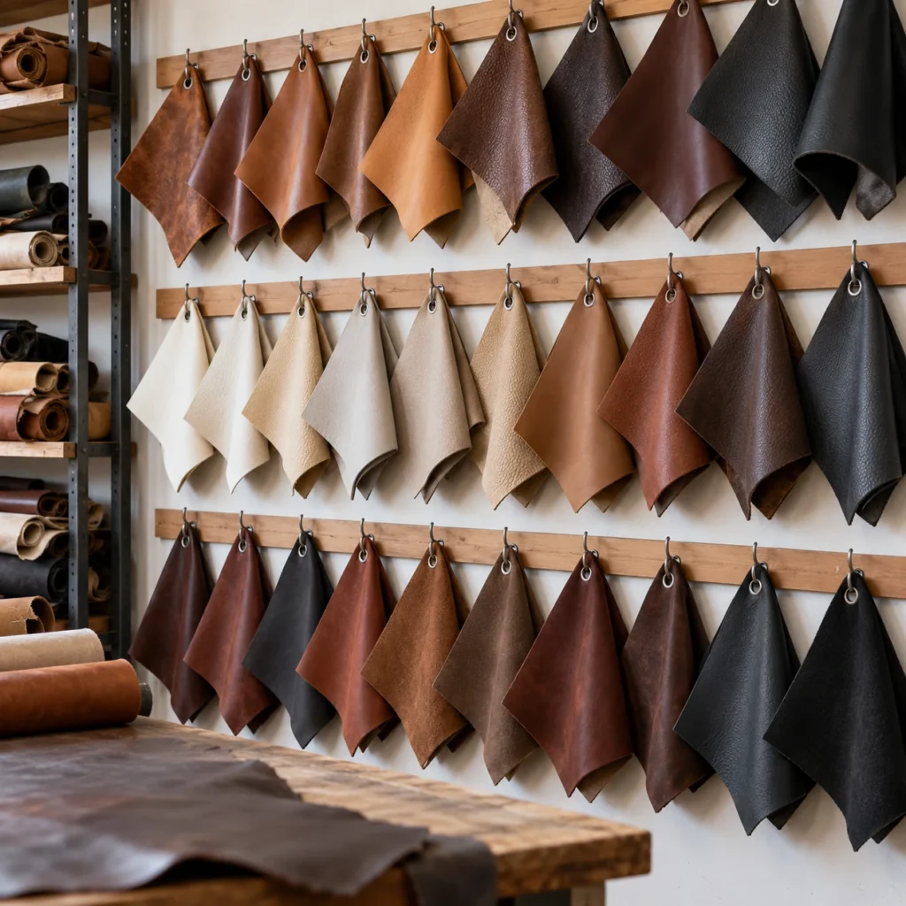 A wall of upholstery swatch samples