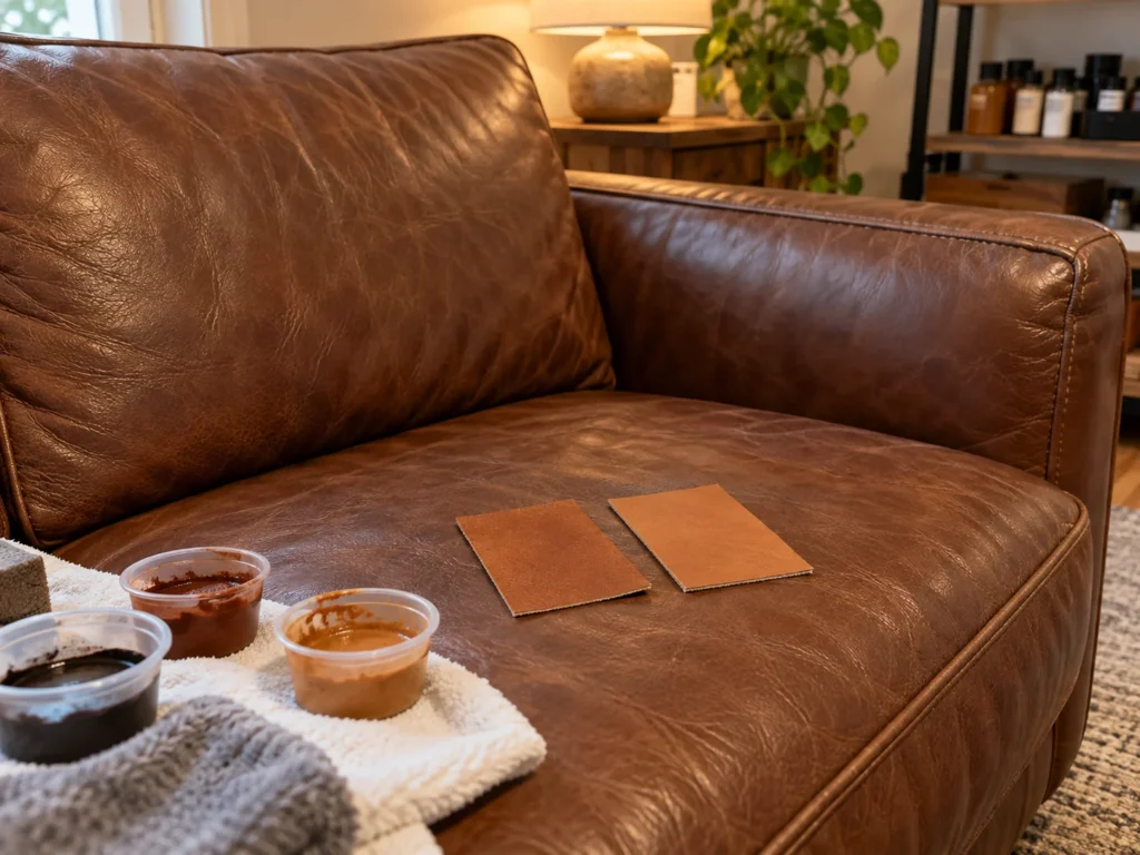 Color test card held against a leather sofa before a repair