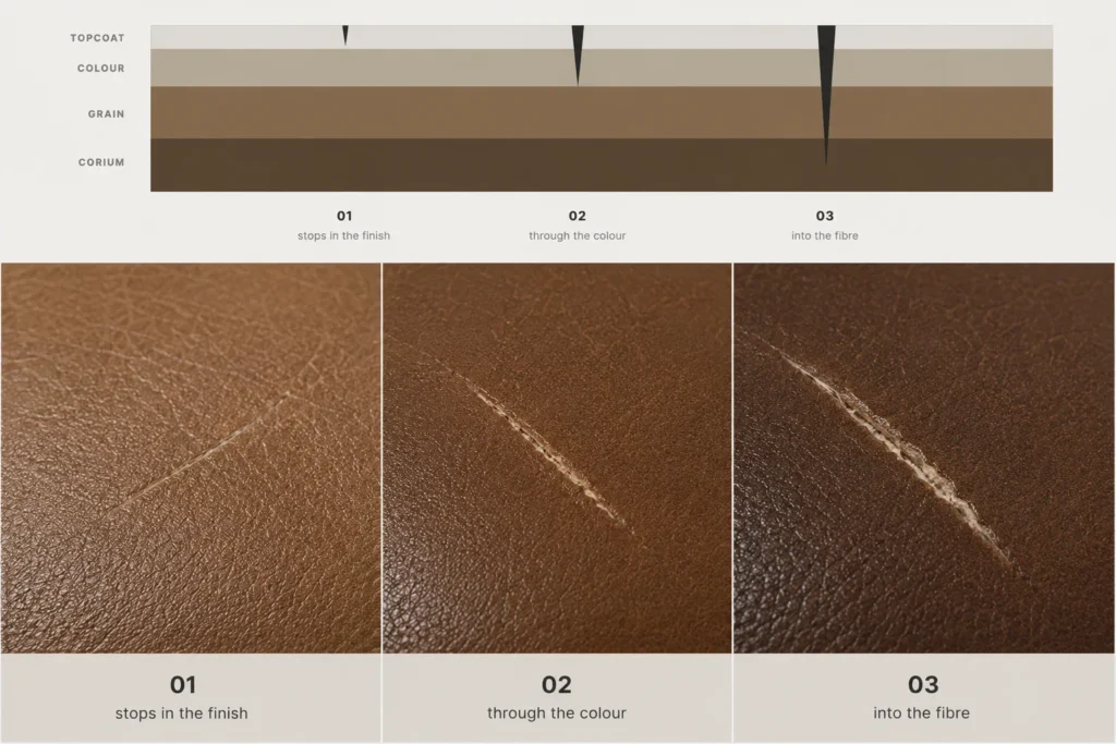 Three scratch depths in leather: finish, color layer and fibers