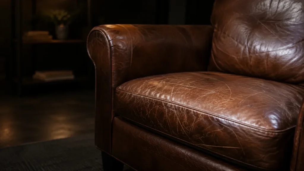 Brown leather armchair ready for scratch repair in New Jersey