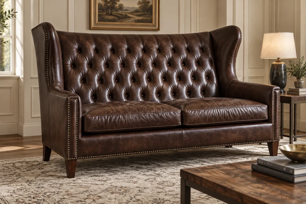 Tufted settee style leather loveseat
