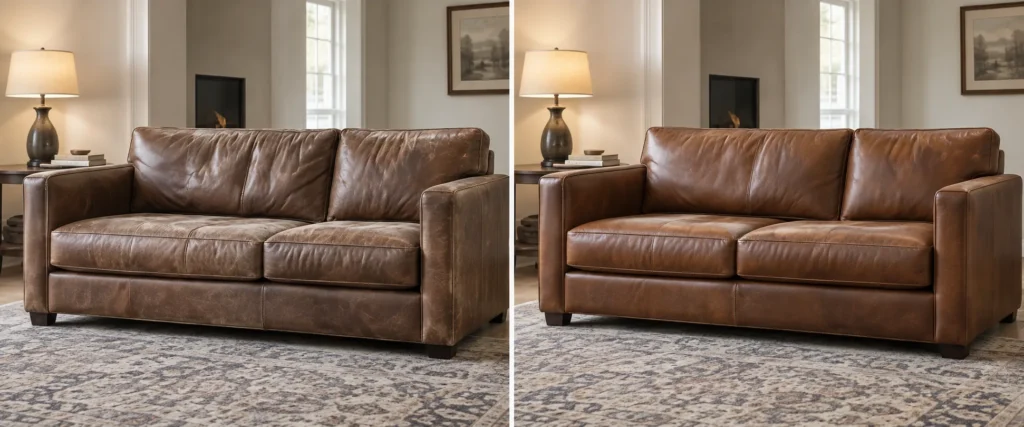 Brown leather sleeper sofa shown before and after its color was restored