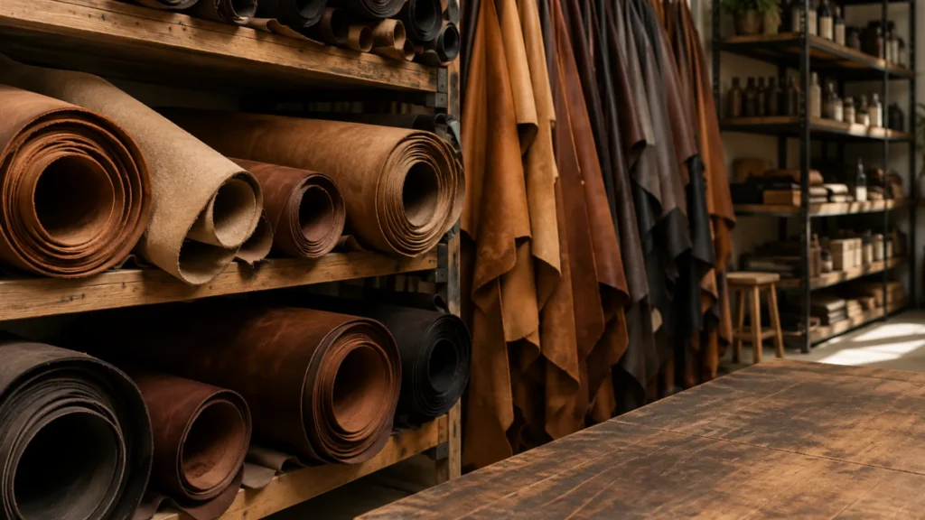 Leather and vinyl rolls in a supplier stockroom