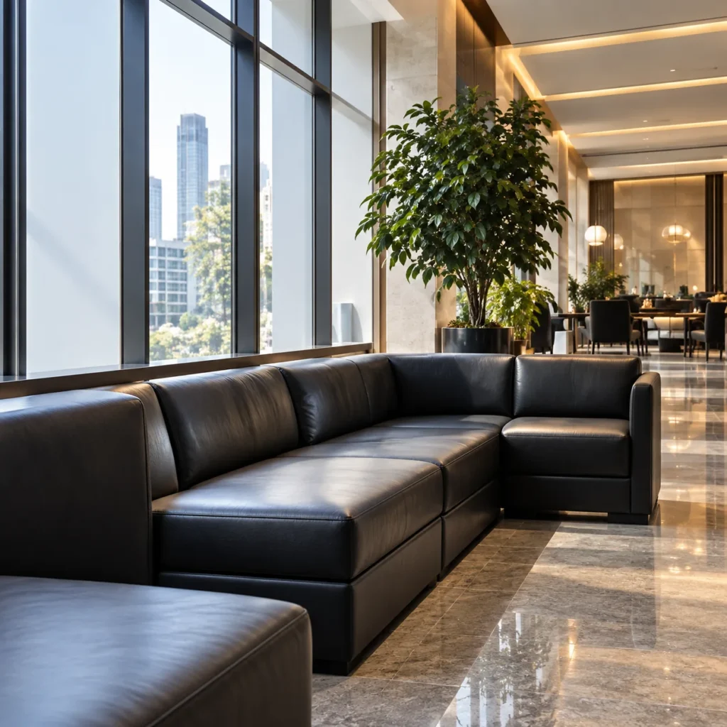 A black leather lobby banquette