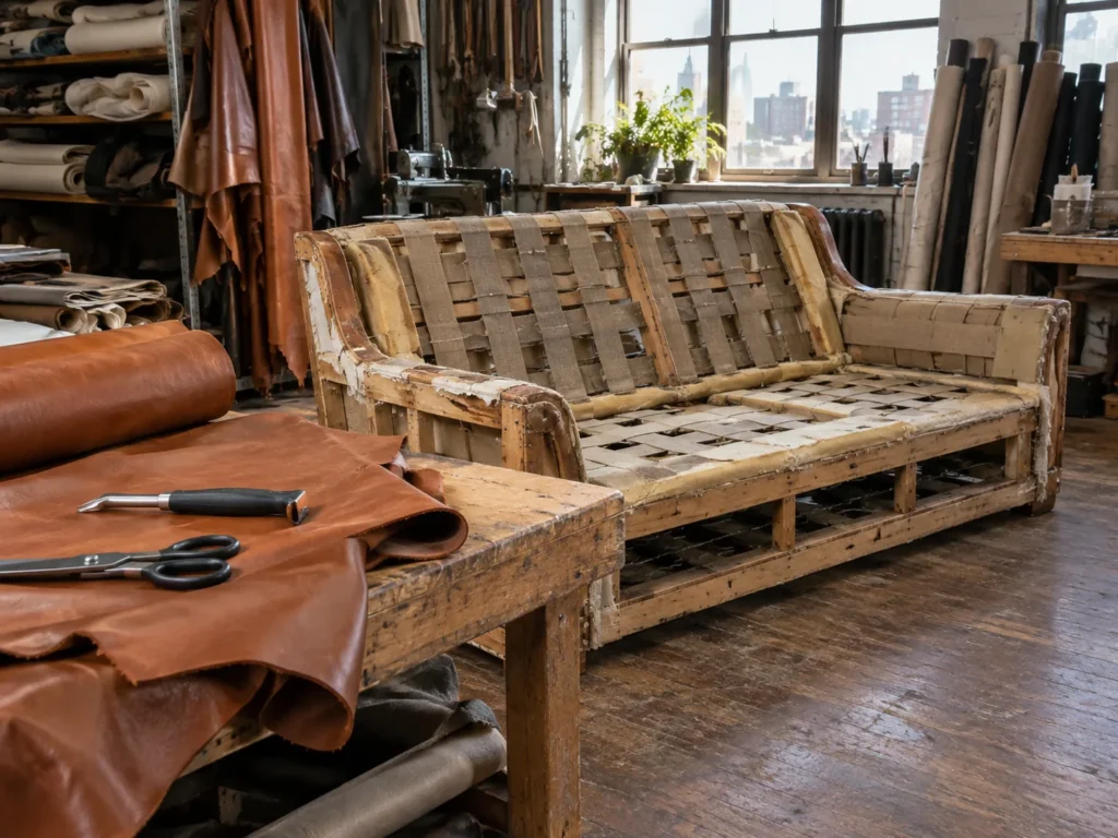 A lobby sofa in full reupholstery in the workshop