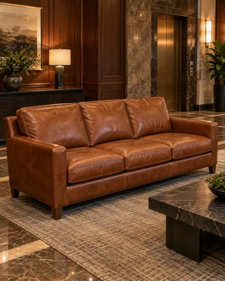 Lobby sofa in brown leather that is still in good shape