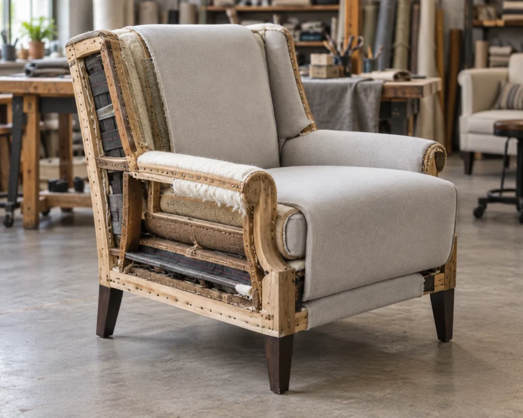 A lounge chair stripped to the frame with webbing exposed