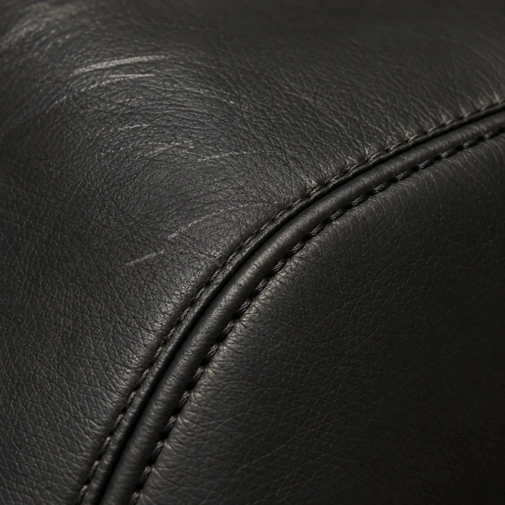 Fine scratches on the dark gray leather of a massage chair