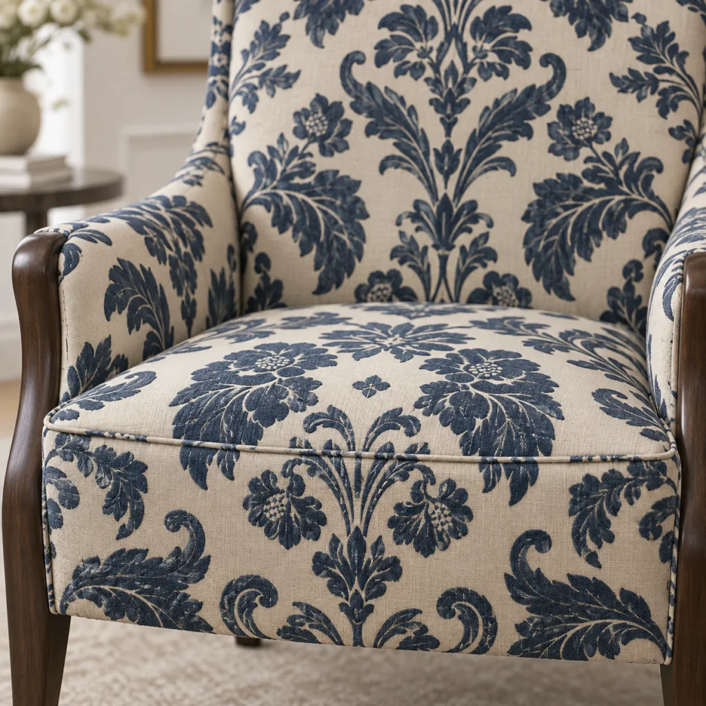 Aligned pattern detail on an upholstered dining chair