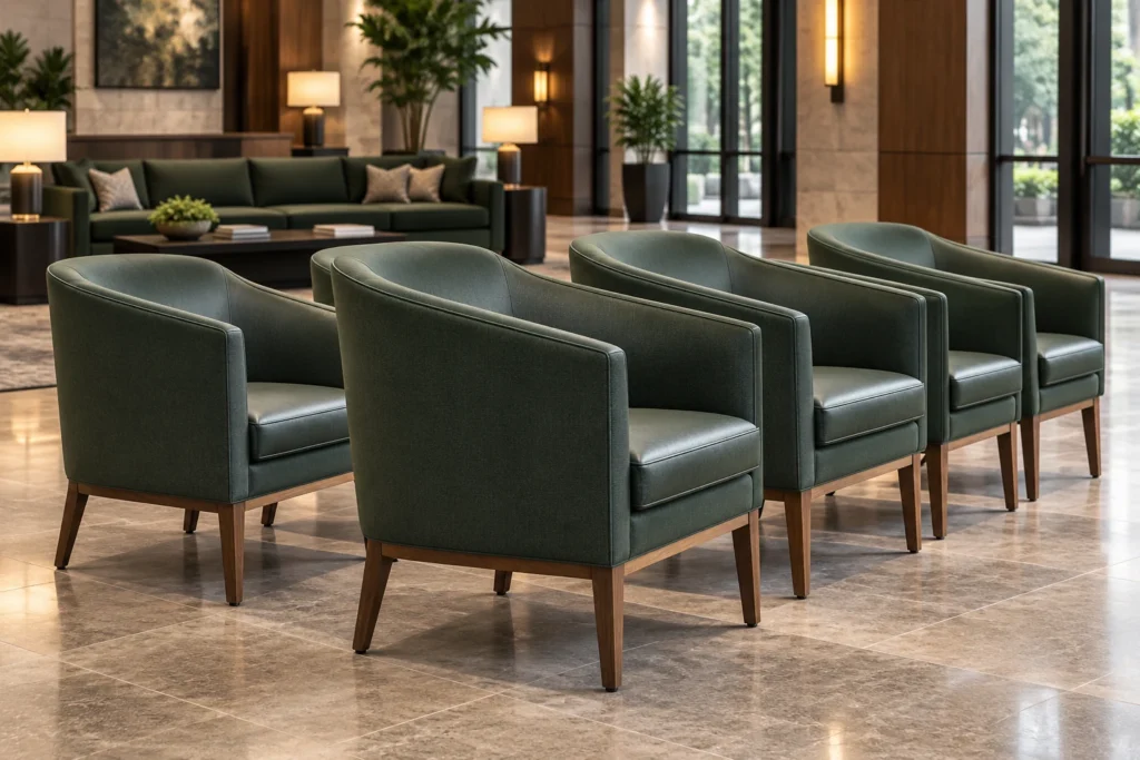 Row of matching green lobby chairs on wood legs