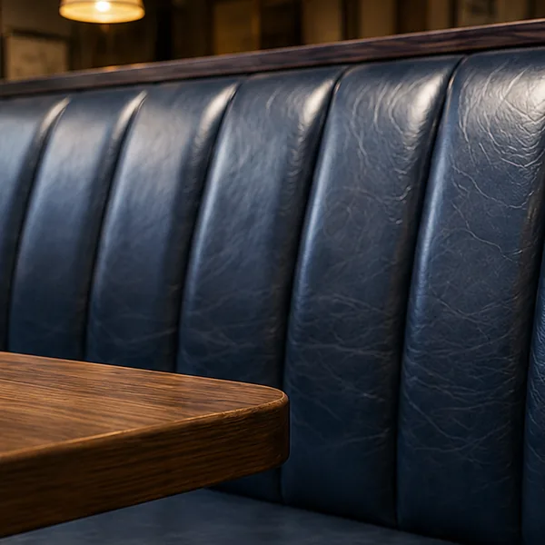 A vinyl restaurant booth with a material rail