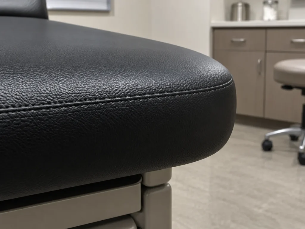 An undamaged front edge on a medical-grade vinyl seat