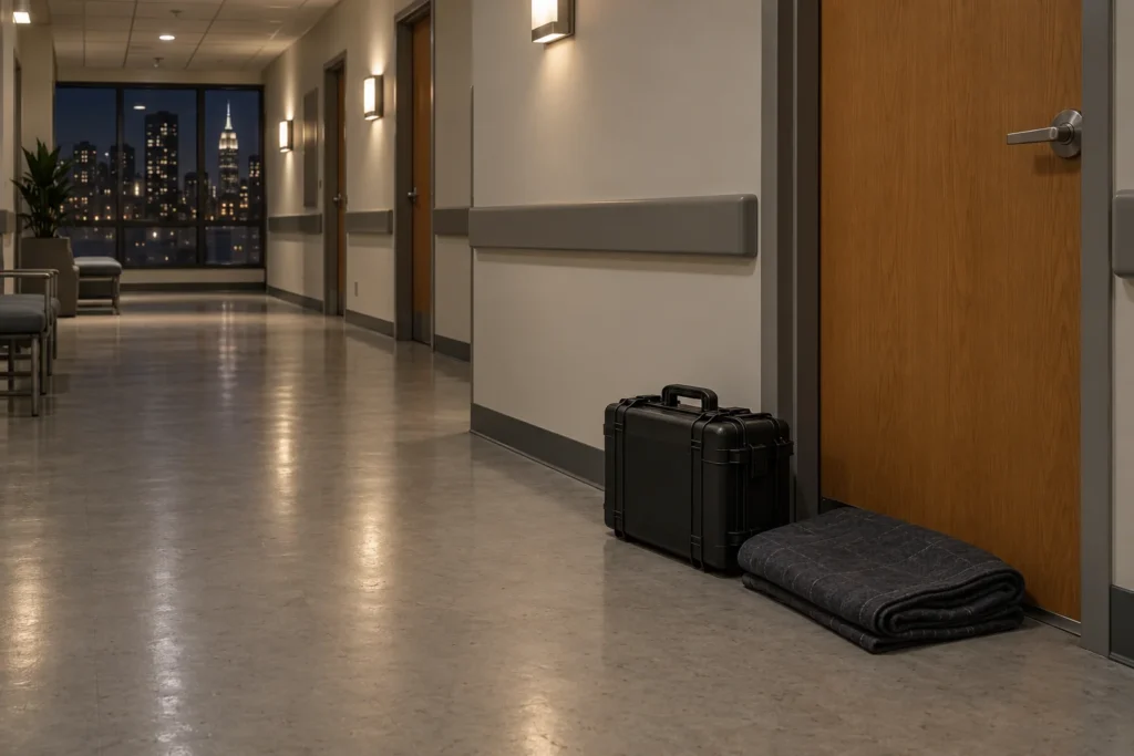 An after-hours repair kit in a medical hallway