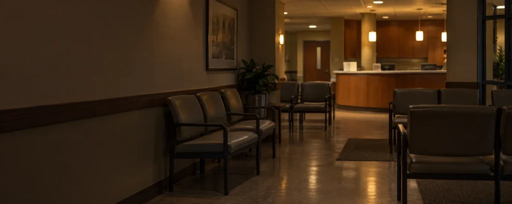 An empty medical waiting room in the evening