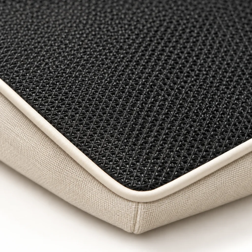 Outdoor cushion close-up: mesh bottoms