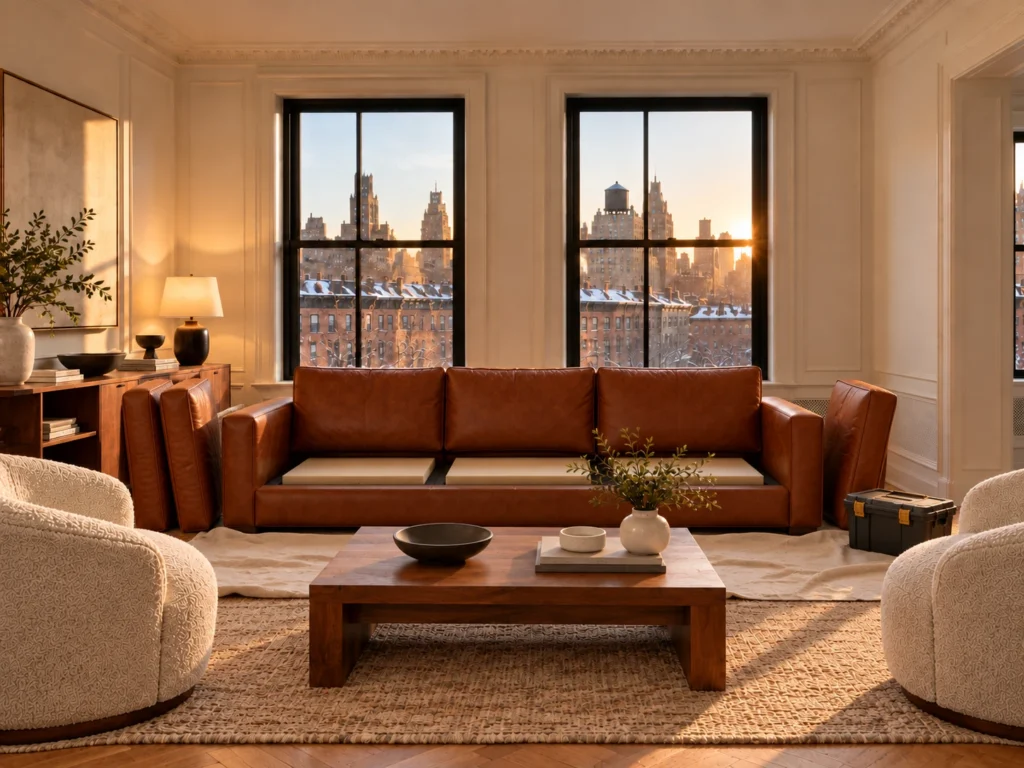 Sofa cushions off the frame with structure exposed