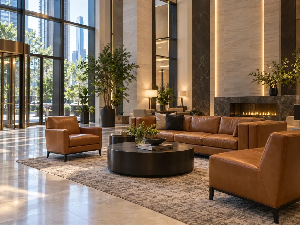 A modern condo lobby with new furniture