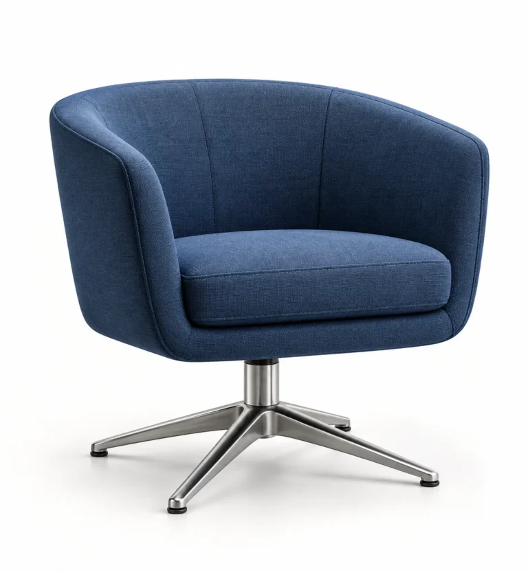 Swivel lounge chair covered in navy fabric