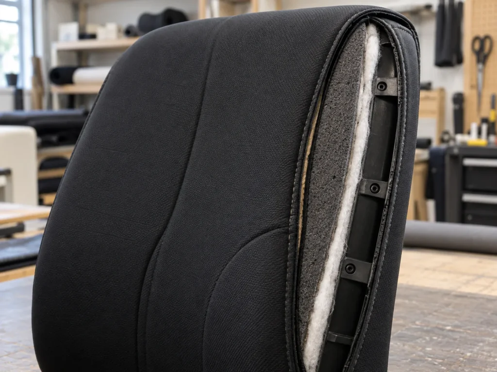 Office chair back with its cover removed to expose foam and wadding