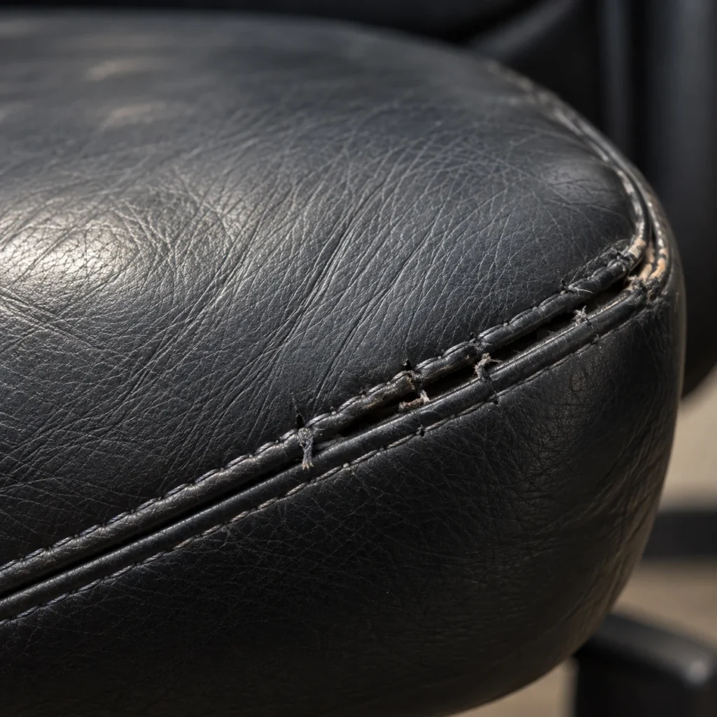 Scuffed leather seat edge with worn stitching on an office chair
