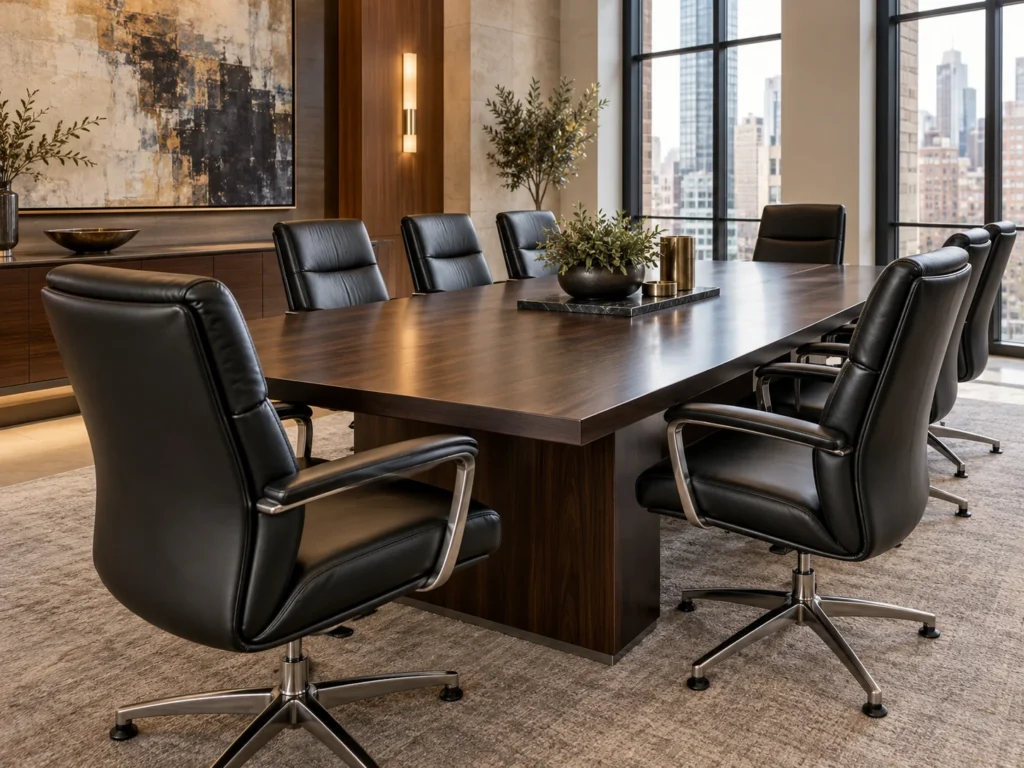A dark wood boardroom table surrounded by office chairs