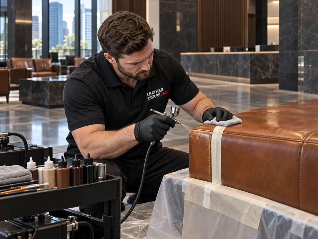 A lobby bench being repaired on site