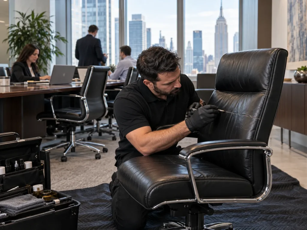 An office chair being repaired on site