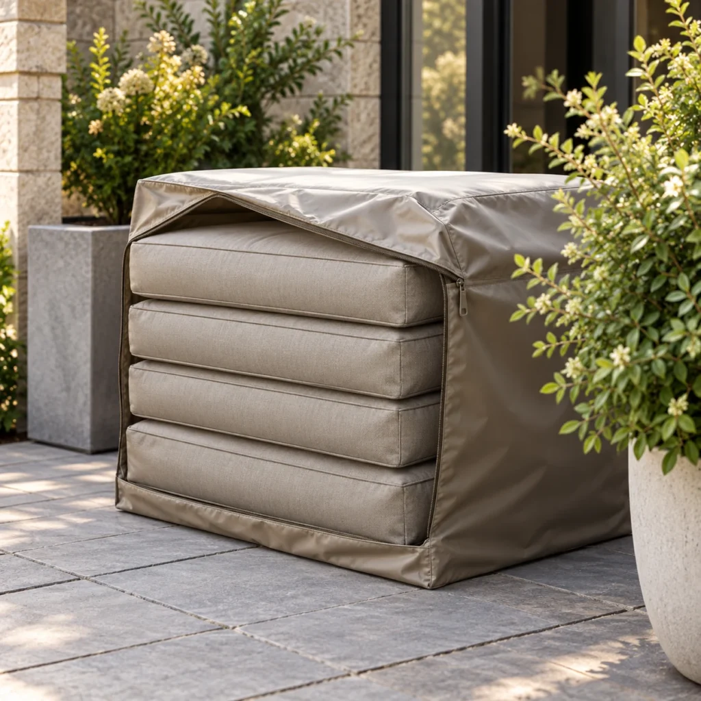 Outdoor cushions standing on edge beneath a fitted cover