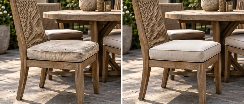An outdoor dining chair before and after, a creased pad replaced
