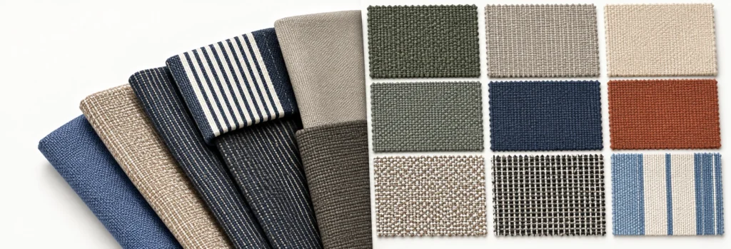 A fan of outdoor fabric swatches beside woven and striped samples