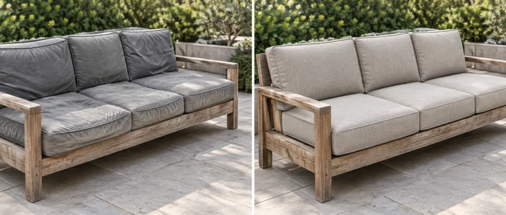Cushions on an outdoor sofa, shown before and after replacement
