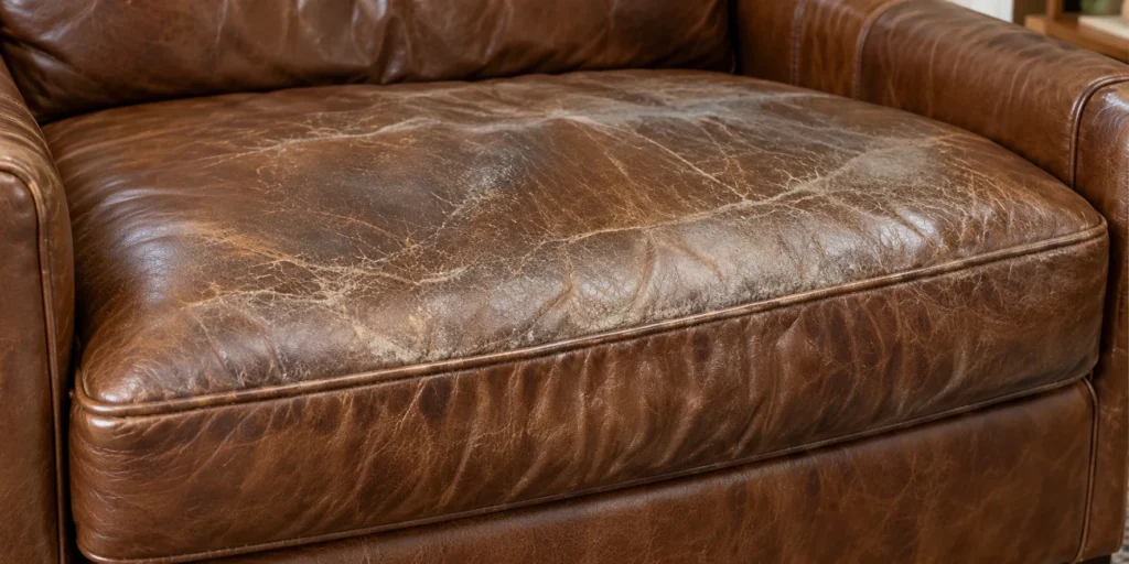 Worn leather panel: seat cushion