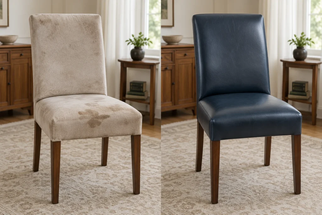Parsons dining chair shown before and after a navy leather recover