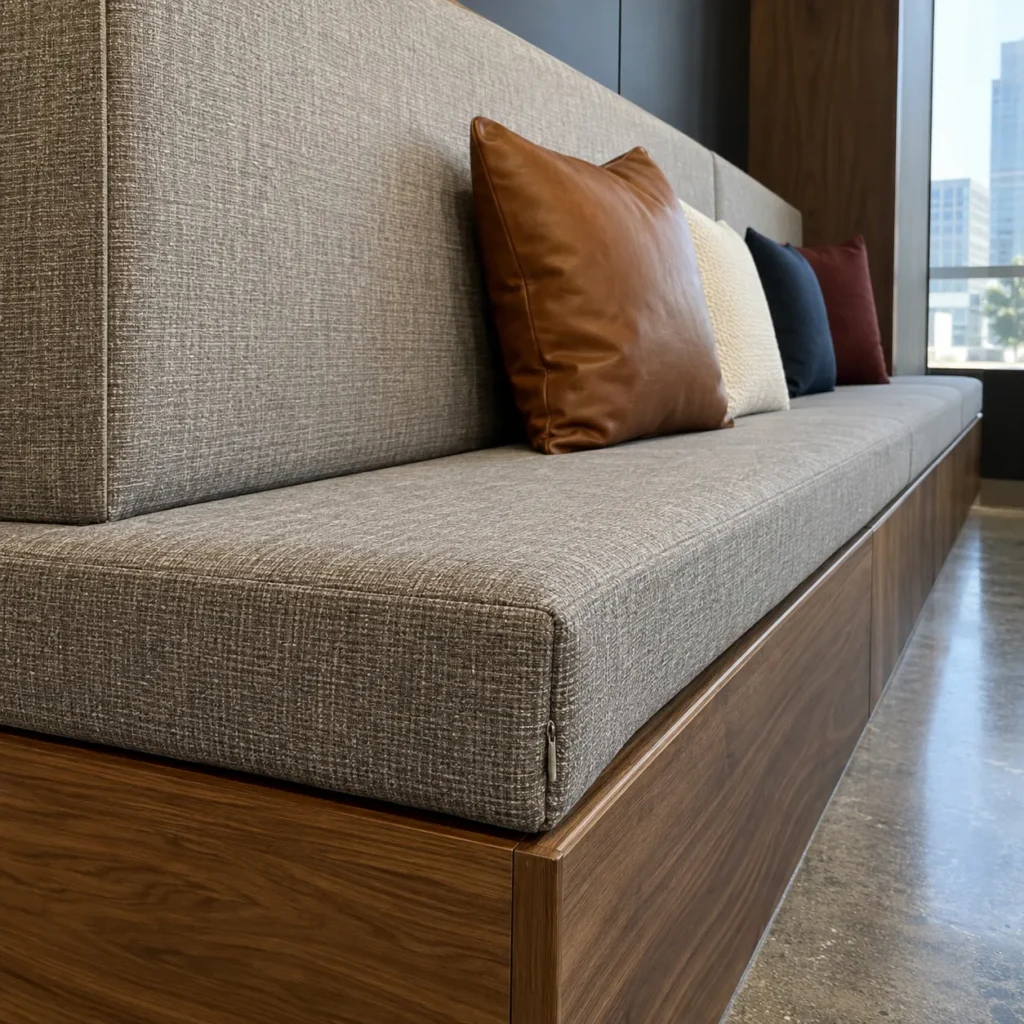 A performance fabric cushion on an office bench
