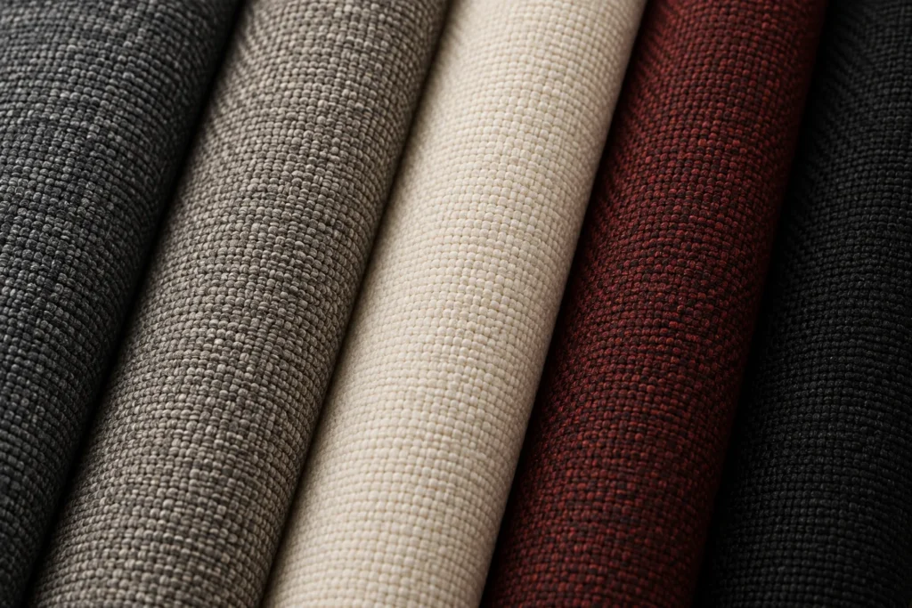 Rolls of charcoal and wine performance fabric