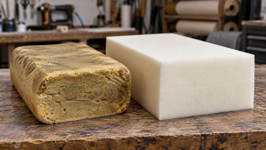 Crumbling old seat foam beside a new foam block
