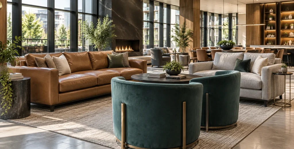 An amenity lounge with a fireplace