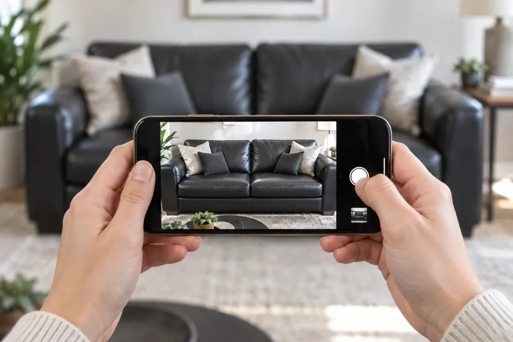 A property manager photographing a leather sofa