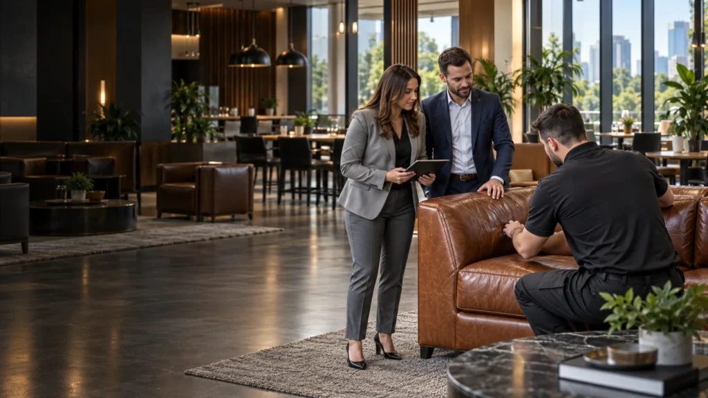 A property manager and technician reviewing a lobby sofa