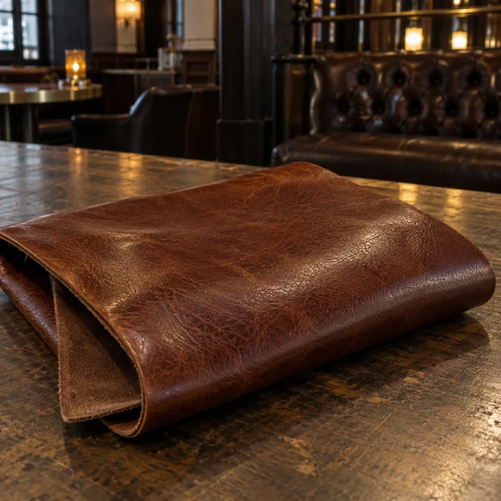 A swatch of protected leather intended for venue seating