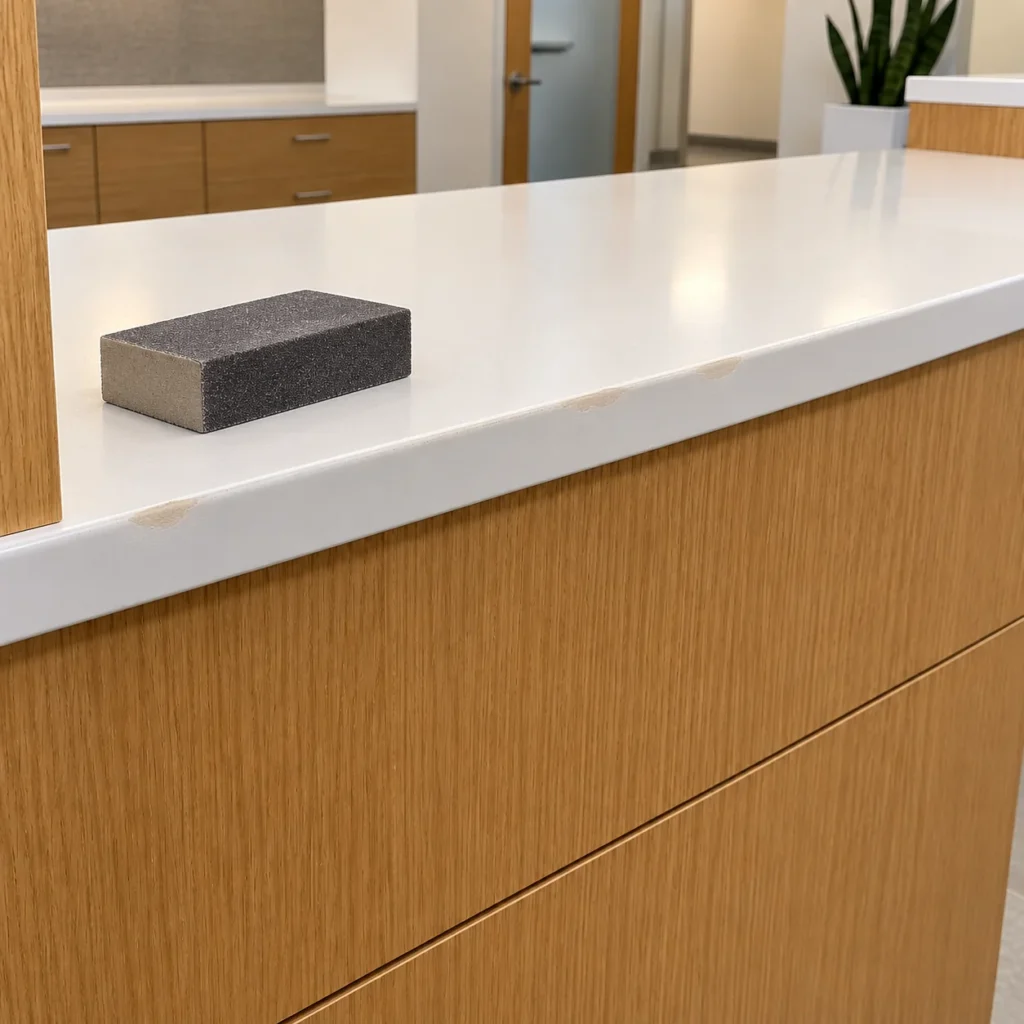 A desk edge filled and sanded flush