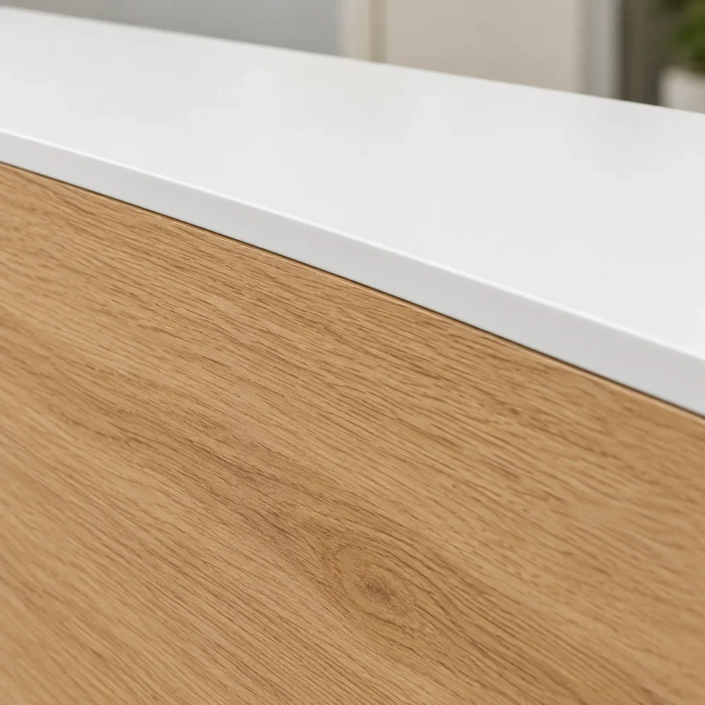 A close view of a laminate desk edge