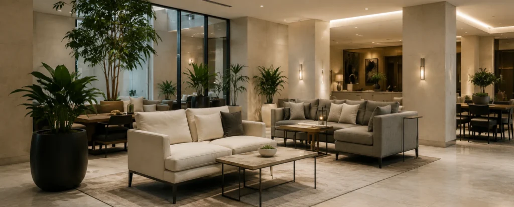 Commercial leather sofas in residential lobbies