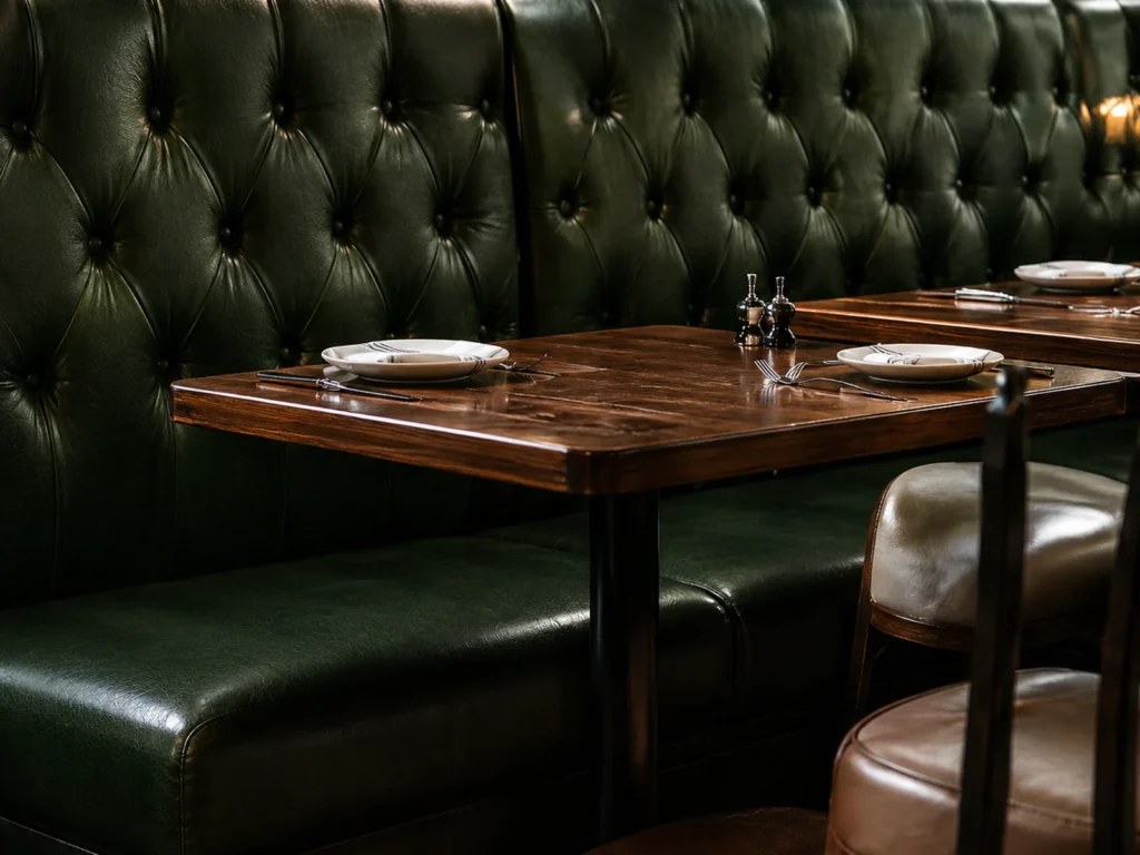A restaurant banquette finished in green tufted upholstery
