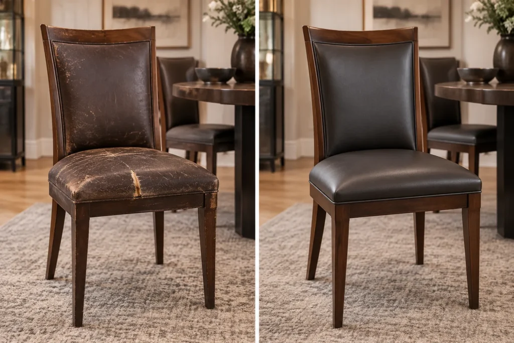 Cracked leather dining chair before and recovered in dark leather after