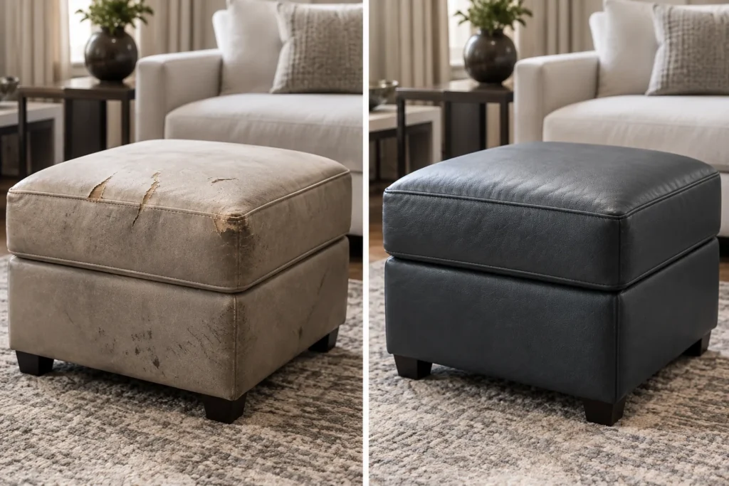 Worn beige ottoman before and the same ottoman recovered in black leather